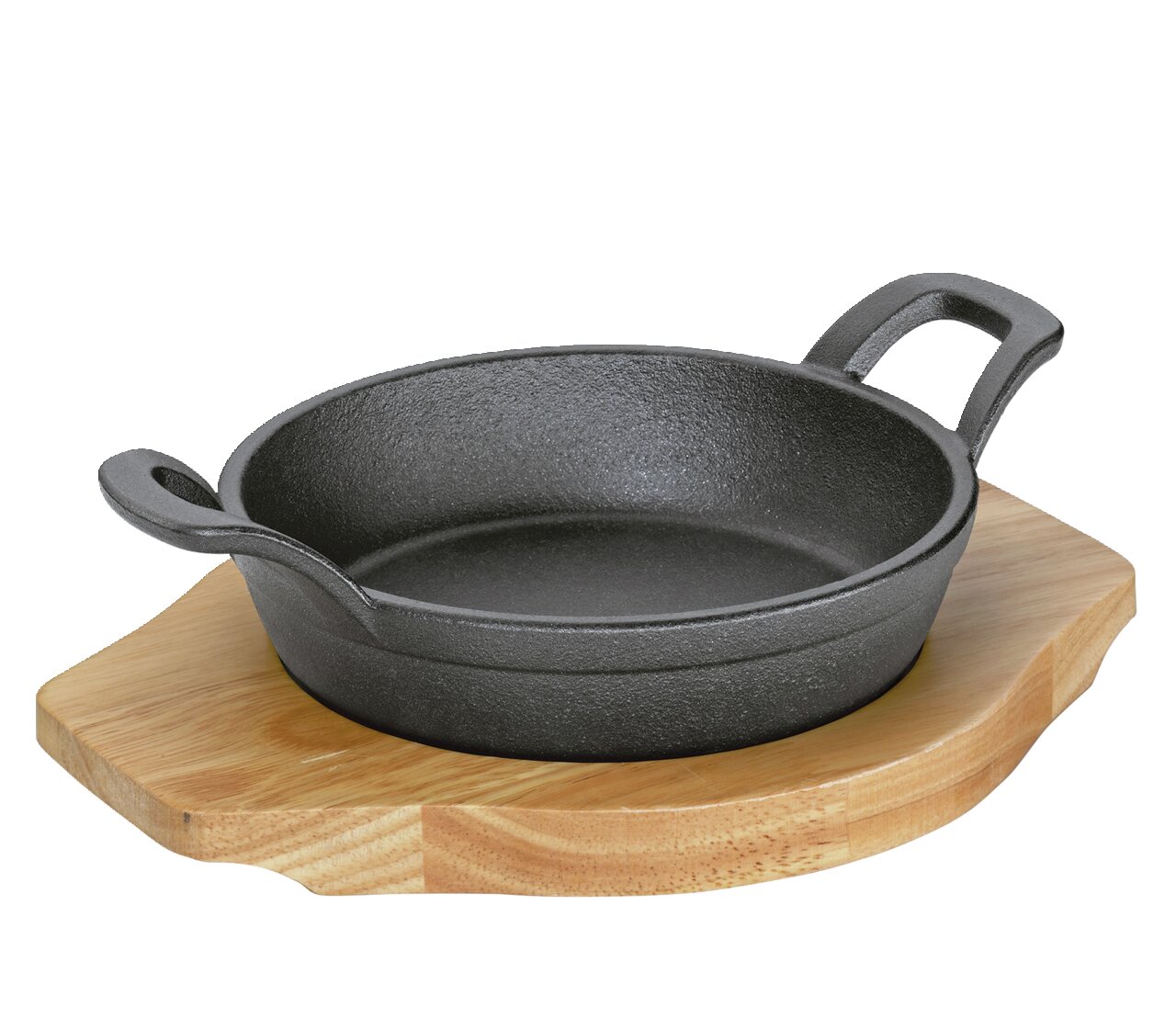 KÜCHENPROFI Servierpfanne BBQ Gusseiserne Servierpfanne mit Griffen auf einem Holzbrett, seitliche Perspektive