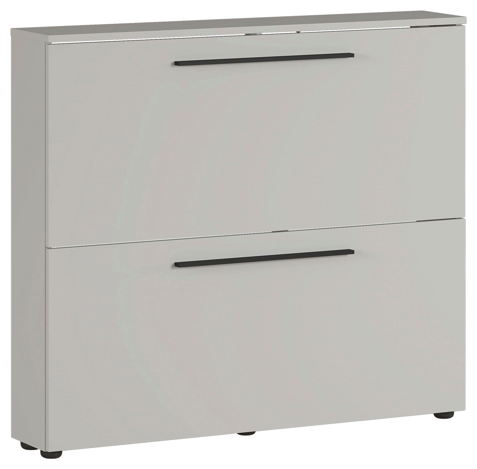 Moderner Schuhschrank der Serie UBBE von Germania in grauer Farbe mit zwei Klappen, seitliche Perspektive.