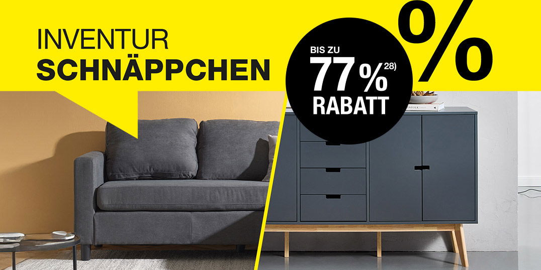 Werbebanner mit Sofa und Sideboard, Inventur-Schnäppchen bis zu 77 % Rabatt