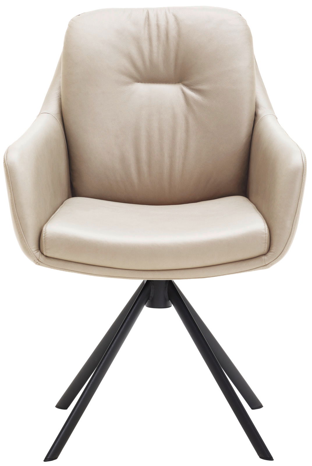 Beiger Armlehnstuhl mit schwarzem Metallgestell, Frontalansicht