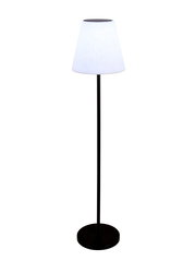 Stehleuchte mit schwarzem Ständer und weißem Lampenschirm, frontal fotografiert.
