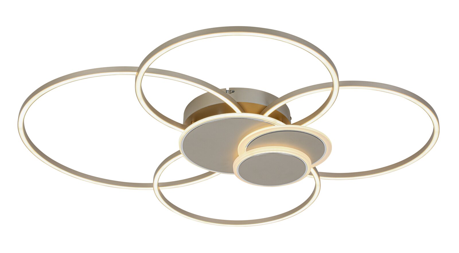 Moderne led-plafondlamp met cirkelvormig ontwerp, gezien vanaf de zijkant
