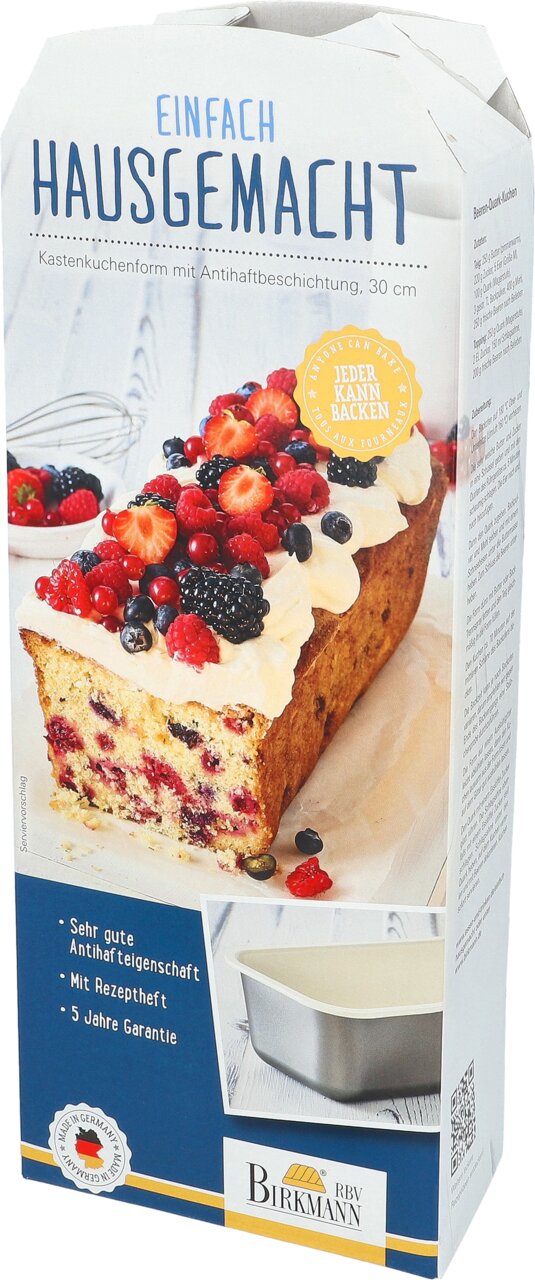 Birkmann Kastenkuchenform EINFACH HAUSGEMACHT Verpackung einer 30 cm Kastenkuchenform mit Antihaftbeschichtung, abgebildet mit einem saftigen Kuchen mit Beeren und Sahne, seitliche Perspektive.