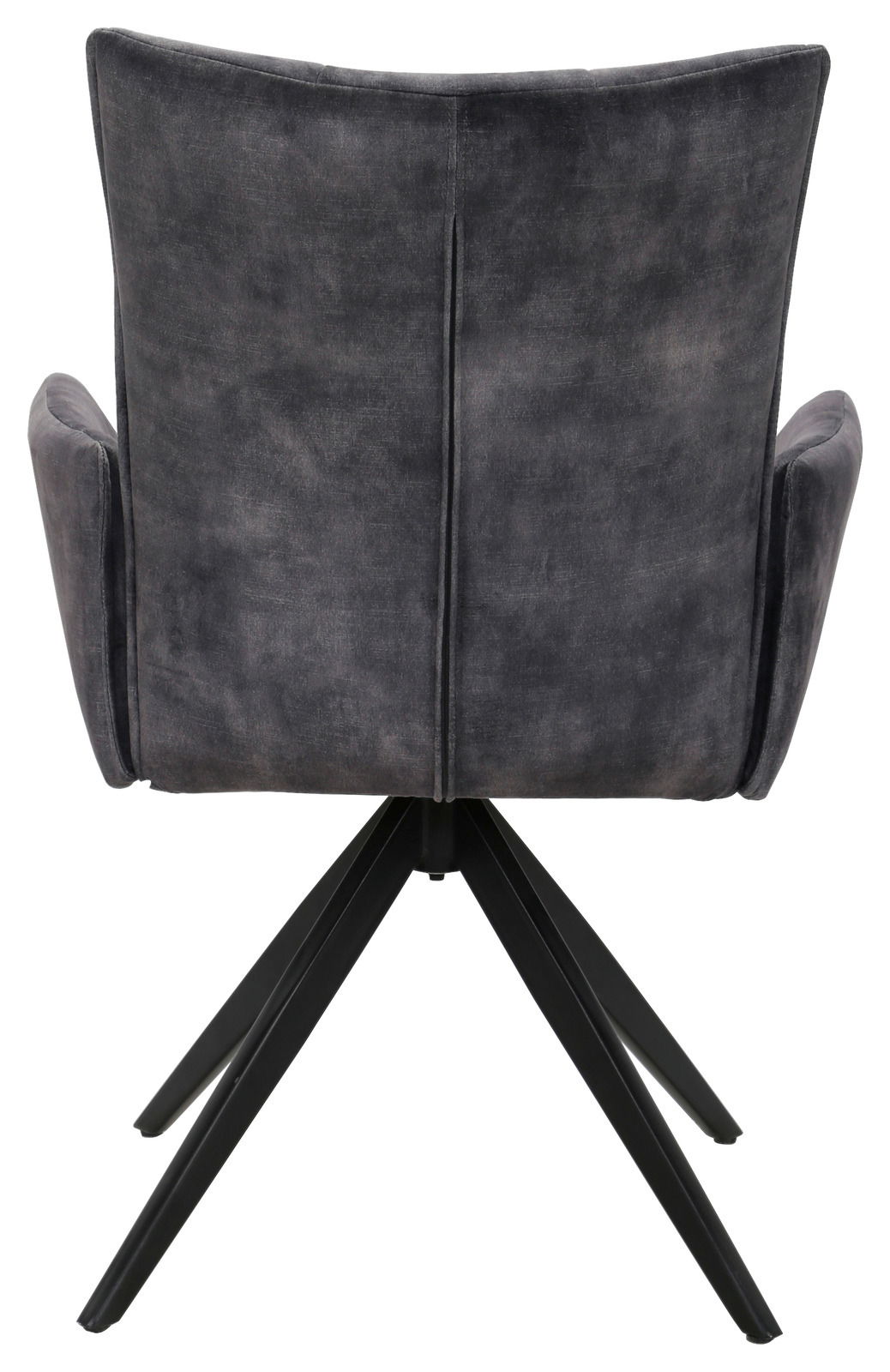 Rückansicht eines grauen Armlehnstuhls mit schwarzem Metallgestell und vier Beinen.