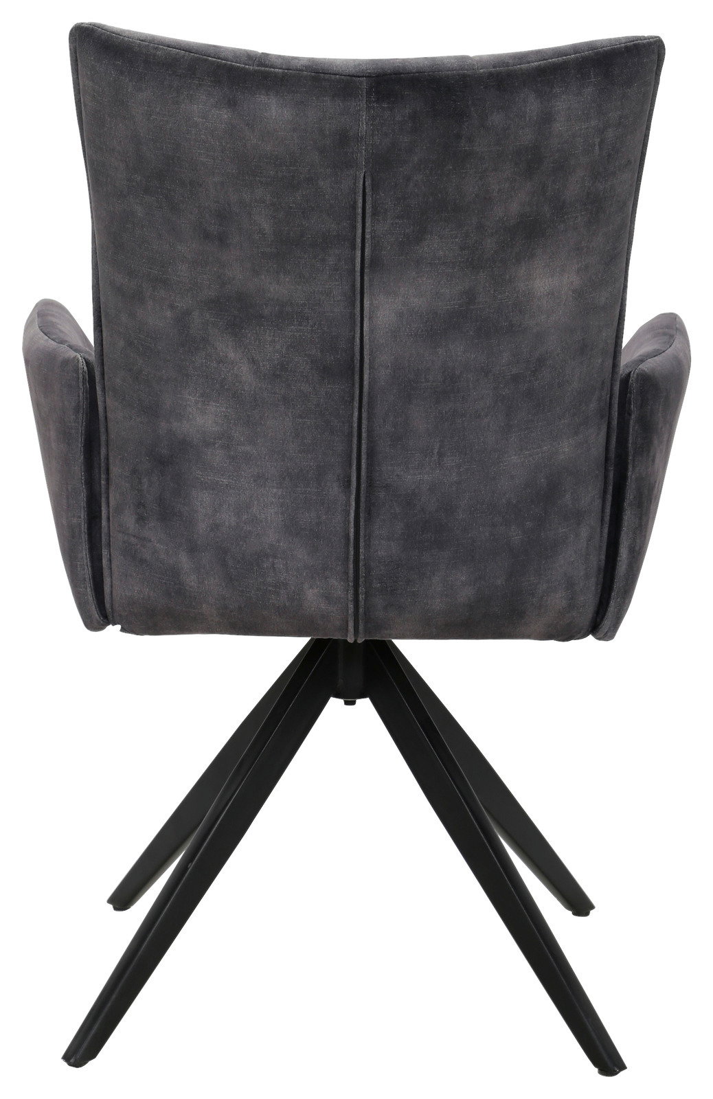 Hom´in Armlehnstuhl EDUARDO Rückansicht eines grauen Armlehnstuhls mit schwarzem Metallgestell und vier Beinen.