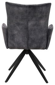 Rückansicht eines grauen Armlehnstuhls mit schwarzem Metallgestell und vier Beinen.