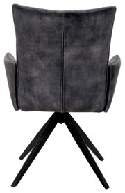 Achterkant van een grijze fauteuil met een zwart metalen frame en vier poten.