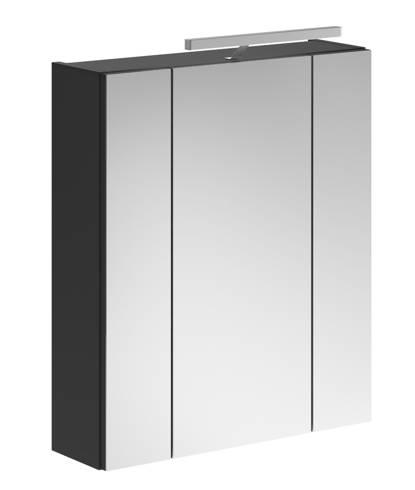 Moderner Spiegelschrank mit drei Türen und integrierter Beleuchtung, seitliche Perspektive