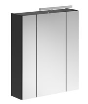 Moderner Spiegelschrank mit drei Türen und integrierter Beleuchtung, seitliche Perspektive