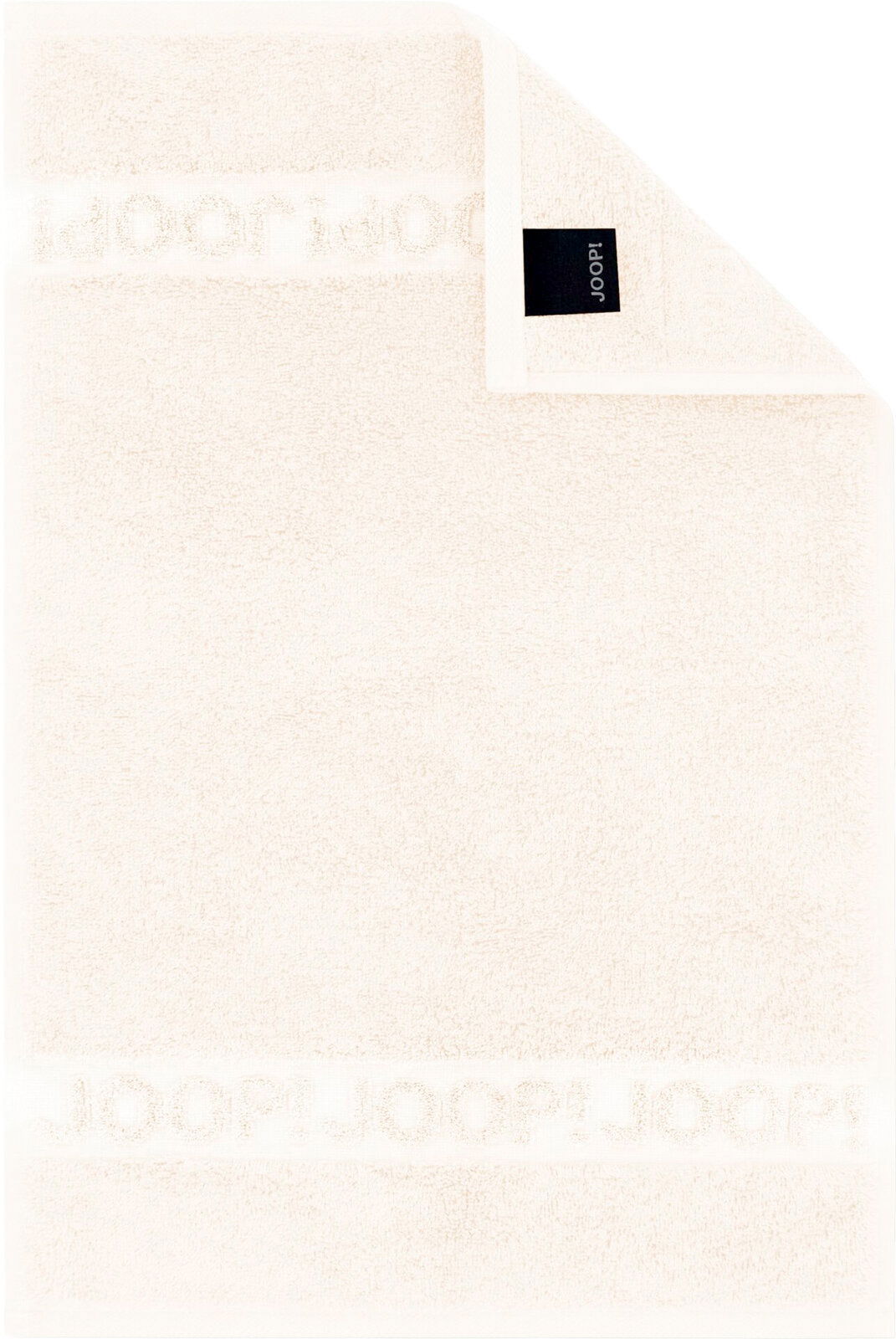 Cremefarbenes JOOP! Frottierhandtuch mit eingewebtem Logo-Bordürenstreifen und schwarzem Markenlabel, flach von oben fotografiert (Draufsicht)