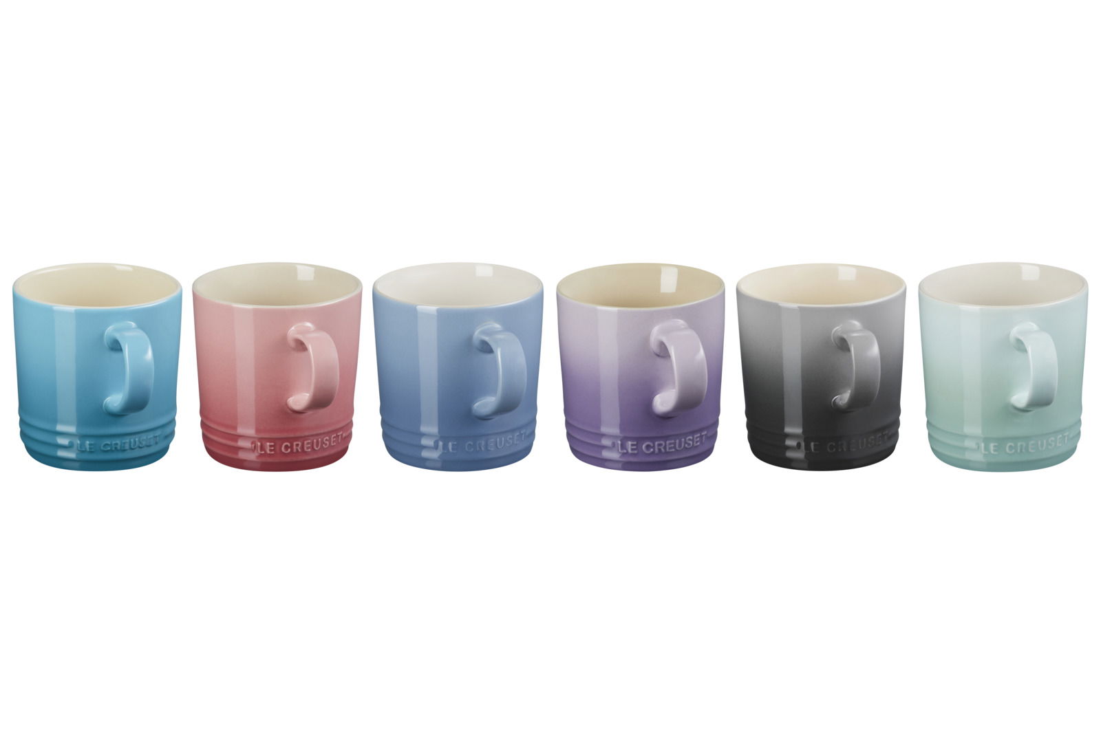 Sechsteiliges Set von 350ml Bechern in Pastellfarben, von vorne betrachtet. Farben umfassen Blau, Rosa, Hellblau, Lila, Grau und Mintgrün.