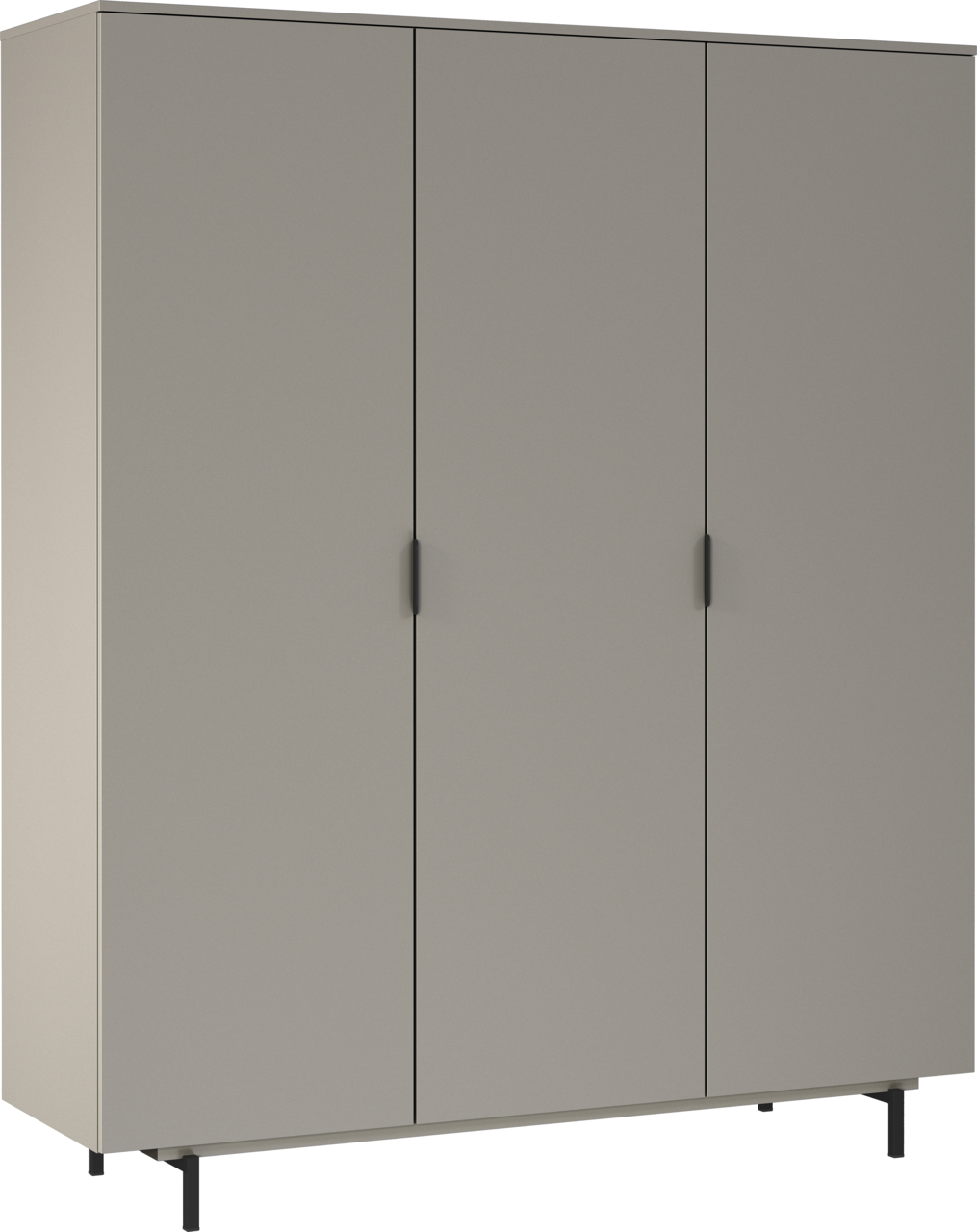 Moderner dreitüriger Kleiderschrank in Grau, frontal abgebildet.