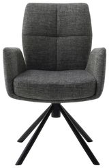 Grauer Sessel mit gepolstertem Sitz und Rückenlehne, schwarzes Metallgestell, Frontalansicht