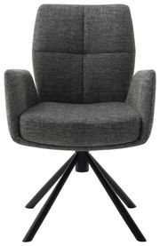 Grauer Sessel mit gepolstertem Sitz und Rückenlehne, schwarzes Metallgestell, Frontalansicht