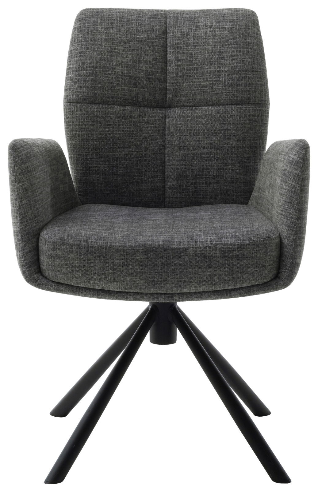 Grauer Sessel mit gepolstertem Sitz und Rückenlehne, schwarzes Metallgestell, Frontalansicht