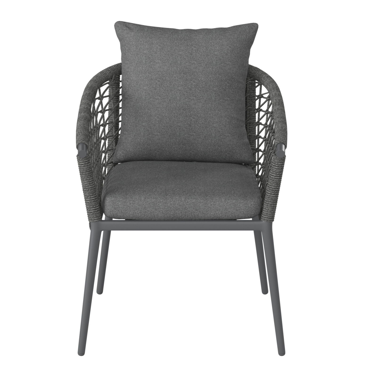 Moderner Gartensessel mit grauem Kissen, Frontalansicht