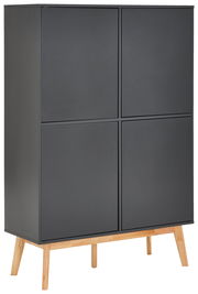 Modernes Highboard in dunklem Grau mit vier Türen und Holzbeinen, seitliche Perspektive