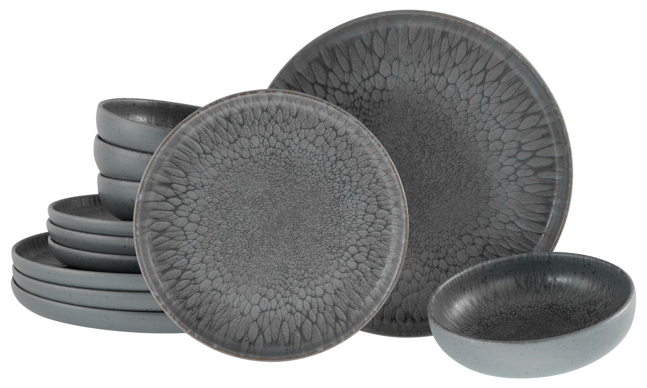Graues Tellerset Uno Volkano 12-tlg. mit einzigartigem Muster, seitliche Perspektive