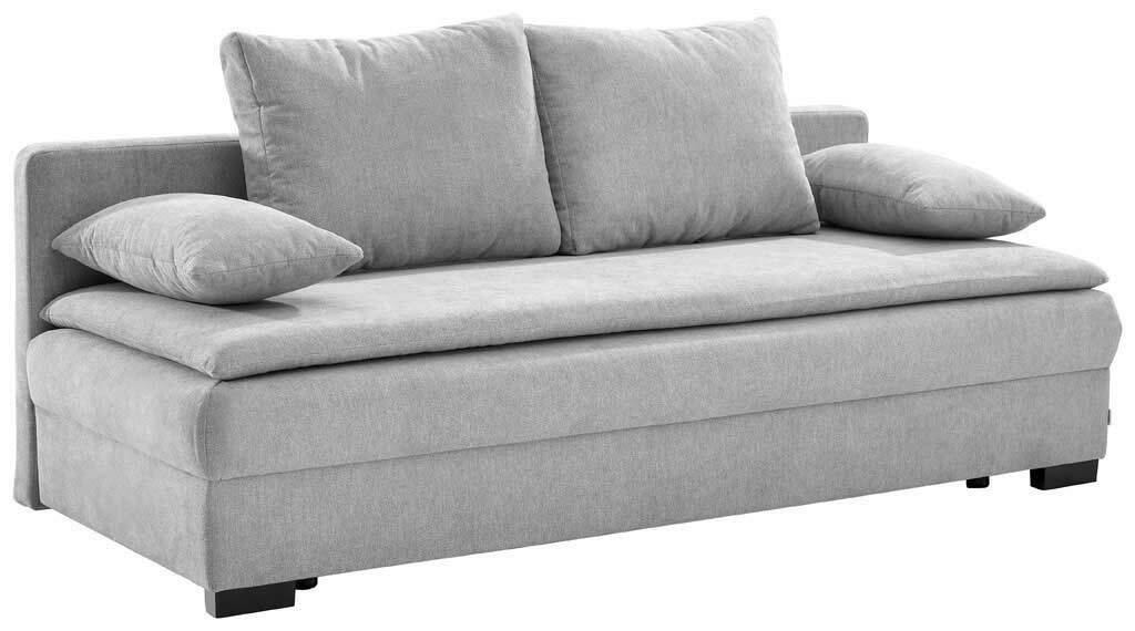 Graues Funktionssofa mit zwei großen Rückenkissen und zwei Armlehnenkissen, seitliche Perspektive