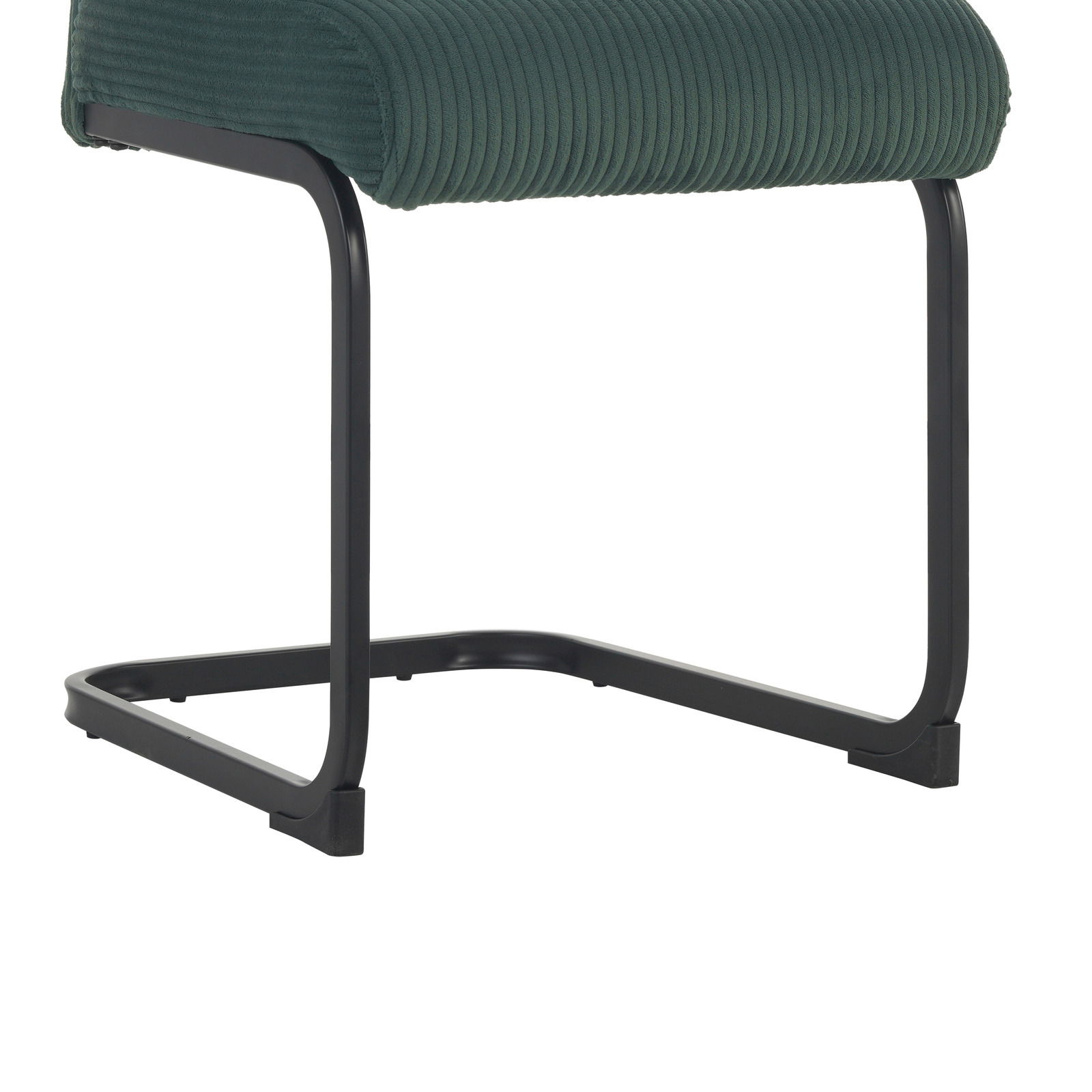 Seitenansicht eines XORA Schwingstuhls GONZO mit grünem Stoffbezug und schwarzem Metallgestell.