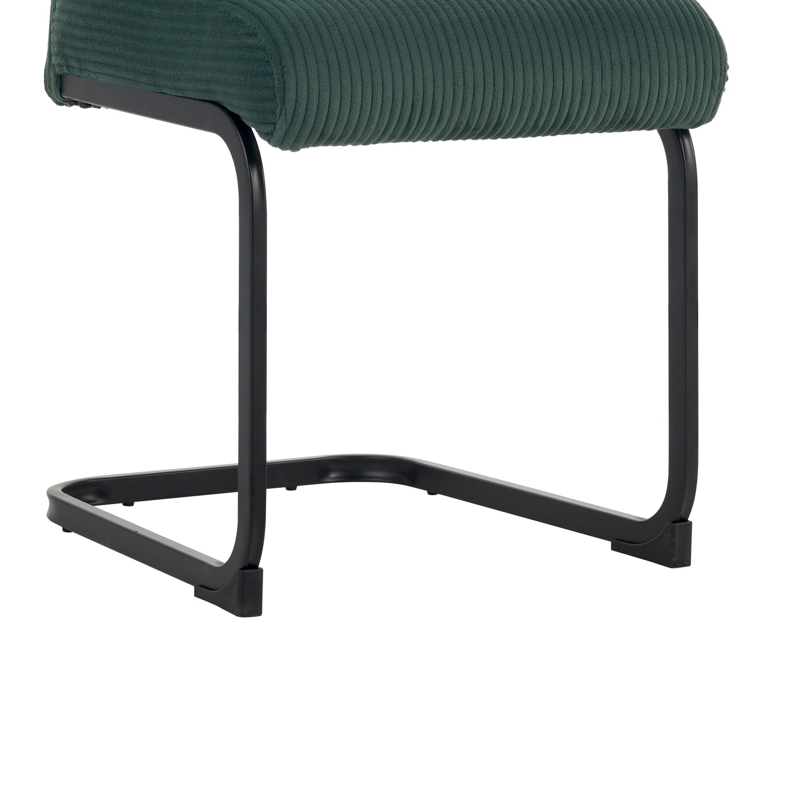 Seitenansicht eines XORA Schwingstuhls GONZO mit grünem Stoffbezug und schwarzem Metallgestell.