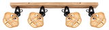 Deckenstrahler VALLI mit vier verstellbaren Rattan-Lampenschirmen auf einer Holzleiste, Perspektive von unten.