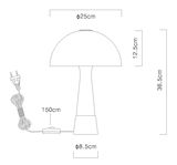 Technische Zeichnung einer Tischleuchte mit den Maßen: Höhe 36,5 cm, Schirmdurchmesser 25 cm, Fußdurchmesser 8,5 cm, Kabellänge 150 cm. Seitenansicht.