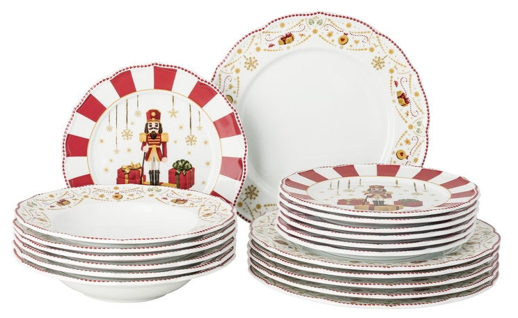 Weihnachtliches Tellerset mit Nussknacker-Motiv, bestehend aus 18 Teilen, aus seitlicher Perspektive fotografiert.