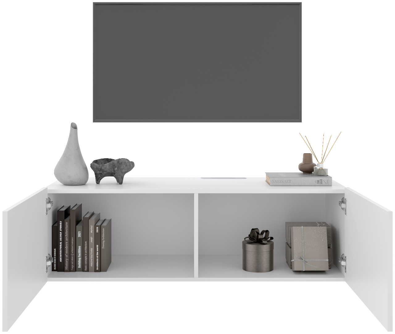 Weißes TV-Hängelowboard mit zwei offenen Türen, dekoriert mit Büchern, Vasen und Geschenken, frontal betrachtet.
