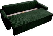Grünes Schlafsofa mit geripptem Stoffbezug, von oben betrachtet, in ausgeklappter Position.