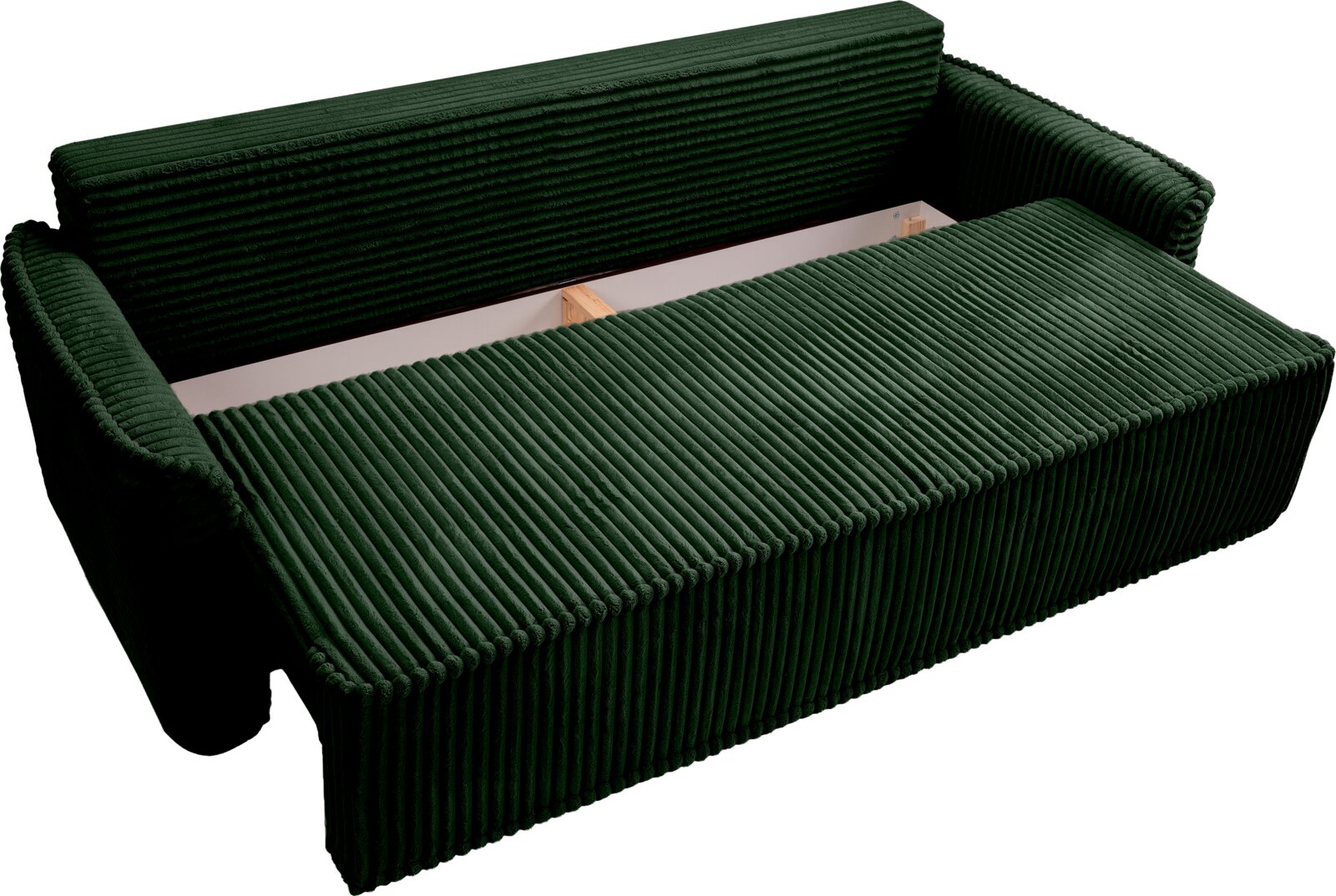 Grünes Schlafsofa mit geripptem Stoffbezug, von oben betrachtet, in ausgeklappter Position.