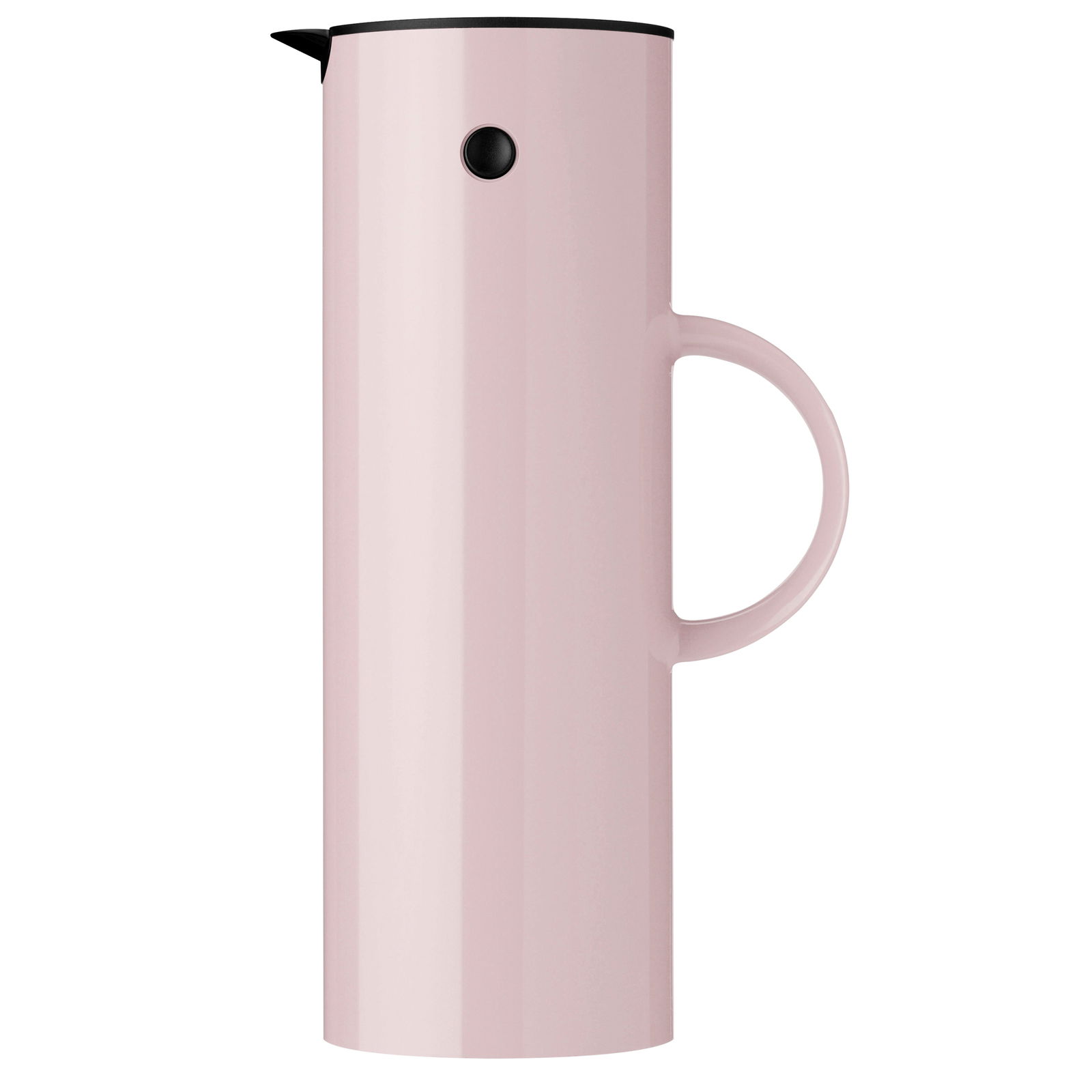 Stelton Isolierkanne Seitenansicht einer lavendelfarbenen Isolierkanne mit schwarzem Deckel und Griff.