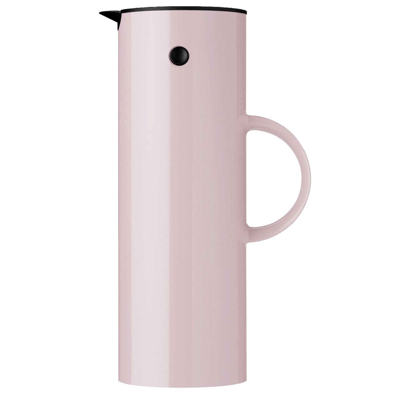 Stelton Isolierkanne Seitenansicht einer lavendelfarbenen Isolierkanne mit schwarzem Deckel und Griff.
