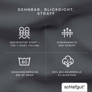 Spannbettlaken XL 556 in Nahaufnahme, dehnbar, blickdicht und straff, aus gestricktem Stoff für T-Shirt Feeling, atmungsaktiv und robust, maschinenwaschbar bis 60 Grad, 95% Bio-Baumwolle, 5% Elasthan.