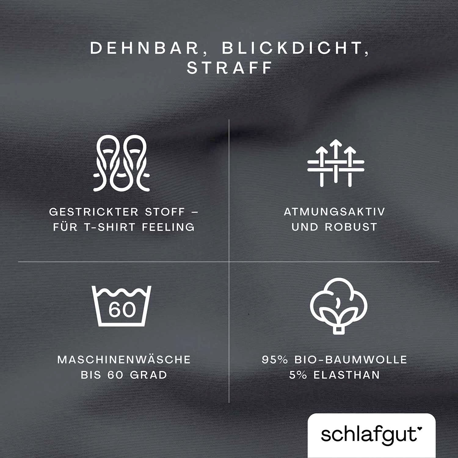 Spannbettlaken XL 556 in Nahaufnahme, dehnbar, blickdicht und straff, aus gestricktem Stoff für T-Shirt Feeling, atmungsaktiv und robust, maschinenwaschbar bis 60 Grad, 95% Bio-Baumwolle, 5% Elasthan.