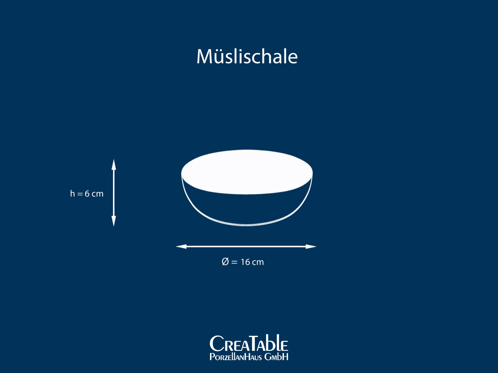 Grafische Darstellung einer Müslischale mit Maßen h = 6 cm und Ø = 16 cm, gezeigt in frontaler Seitenansicht mit leichtem Blick von oben; unten Logo „CreaTable PorzellanHaus GmbH“.