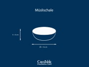 Grafische Darstellung einer Müslischale mit Maßen h = 6 cm und Ø = 16 cm, gezeigt in frontaler Seitenansicht mit leichtem Blick von oben; unten Logo „CreaTable PorzellanHaus GmbH“.