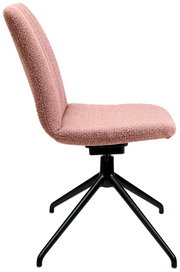 Seitenansicht eines modernen Stuhls mit rosa Polsterung und schwarzem Metallgestell