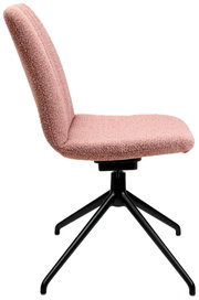 Seitenansicht eines modernen Stuhls mit rosa Polsterung und schwarzem Metallgestell