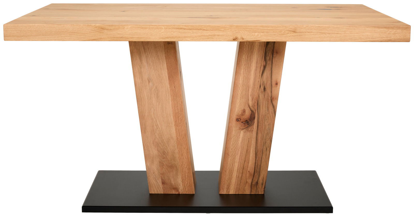 Moderner Esstisch aus Holz mit V-förmigen Beinen und schwarzer Basis, Frontalansicht