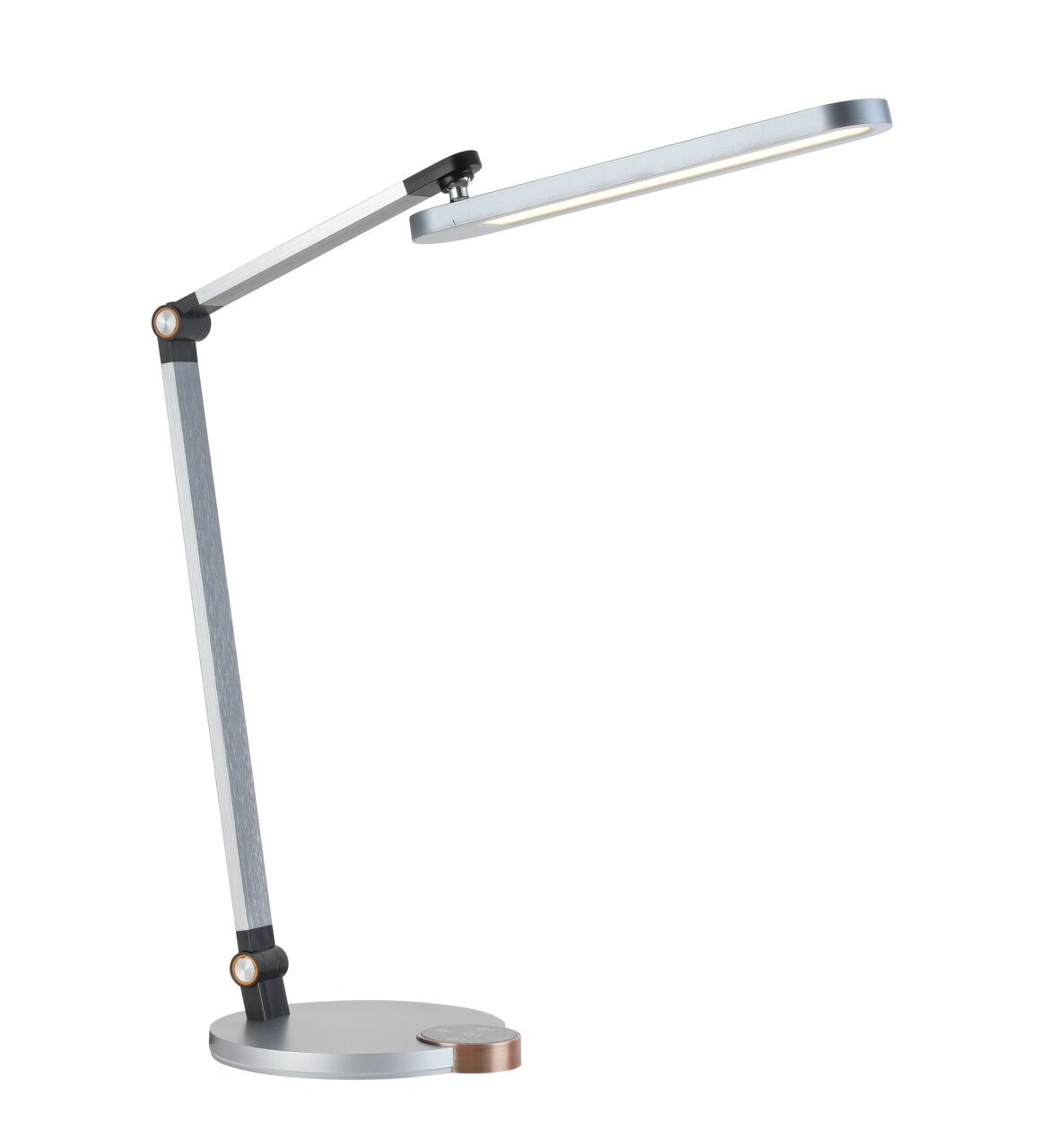 Novel LED-Schreibtischlampe Moderne LED-Schreibtischleuchte aus Metall in seitlicher Perspektive mit verstellbarem Arm und rundem Sockel.