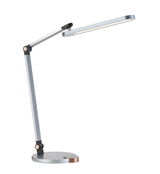 Moderne LED-Schreibtischleuchte aus Metall in seitlicher Perspektive mit verstellbarem Arm und rundem Sockel.