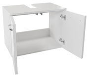 Weißer Waschbeckenunterschrank mit zwei geöffneten Türen, Frontansicht