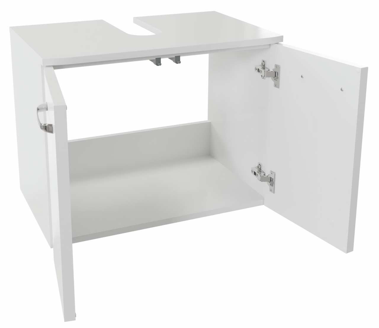 Weißer Waschbeckenunterschrank mit zwei geöffneten Türen, Frontansicht