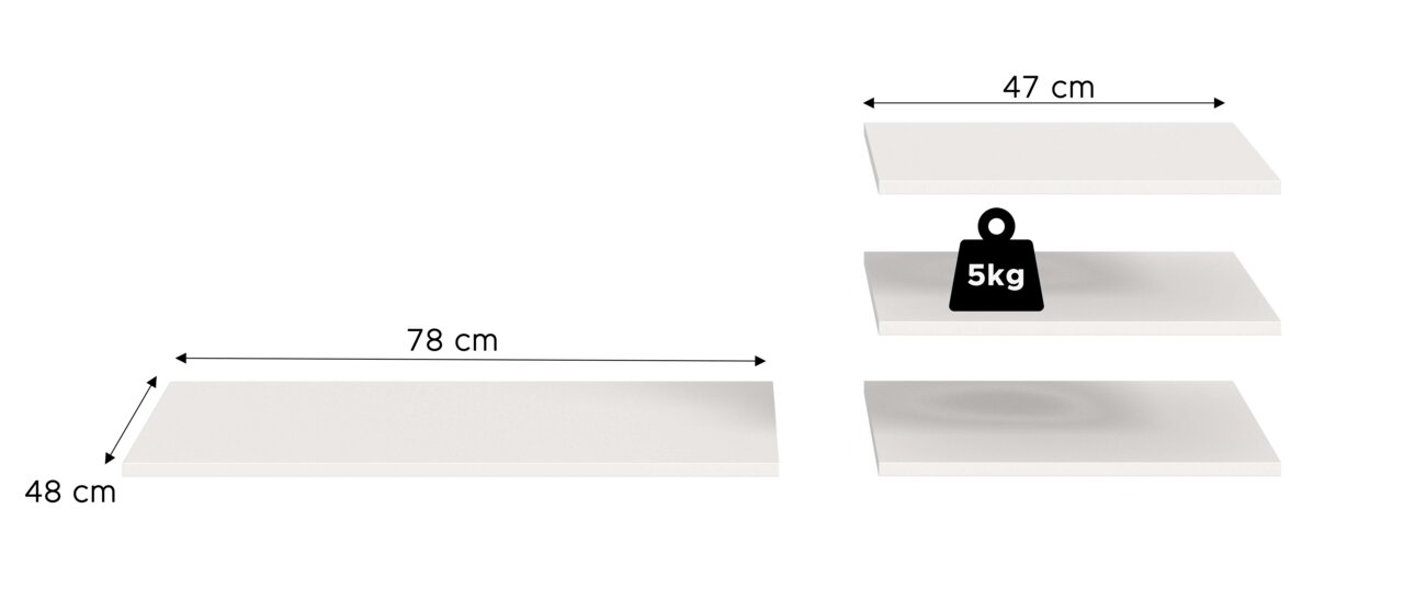 Weiße rechteckige Regalplatte im 3D-Ansicht von schräg oben, Maße 78 x 48 cm, weitere Plattenvarianten mit 47 cm Breite und Belastbarkeit bis 5 kg dargestellt