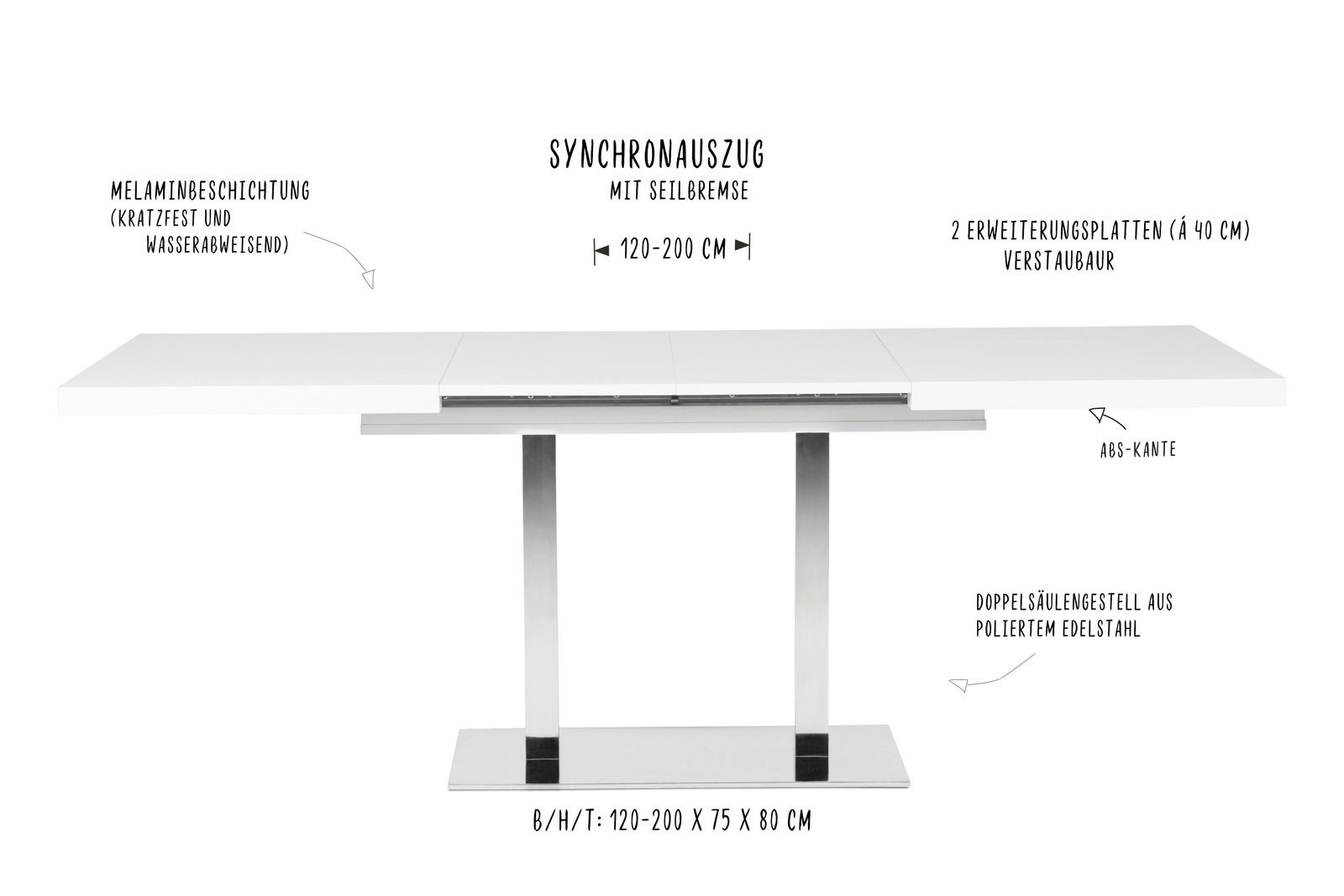 Moderner Esstisch mit Synchronauszug, melaminbeschichtet, kratzfest und wasserabweisend, mit poliertem Edelstahlgestell, frontal abgebildet.