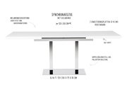 Moderner Esstisch mit Synchronauszug, melaminbeschichtet, kratzfest und wasserabweisend, mit poliertem Edelstahlgestell, frontal abgebildet.