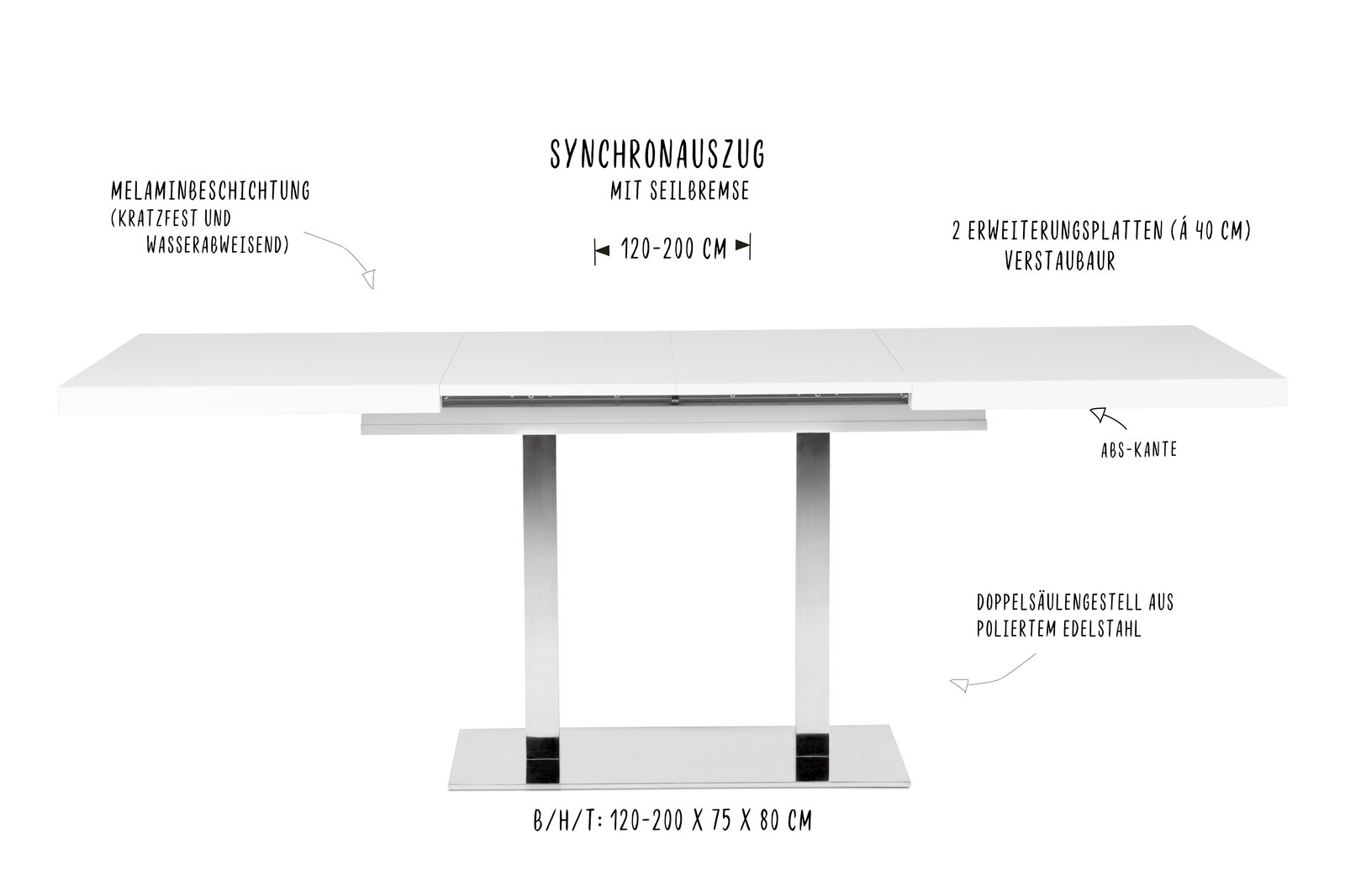 Moderner Esstisch mit Synchronauszug, melaminbeschichtet, kratzfest und wasserabweisend, mit poliertem Edelstahlgestell, frontal abgebildet.