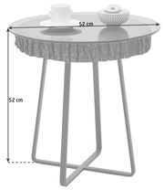 Runder Beistelltisch mit Glasplatte und Baumstamm-Optik, seitliche Perspektive