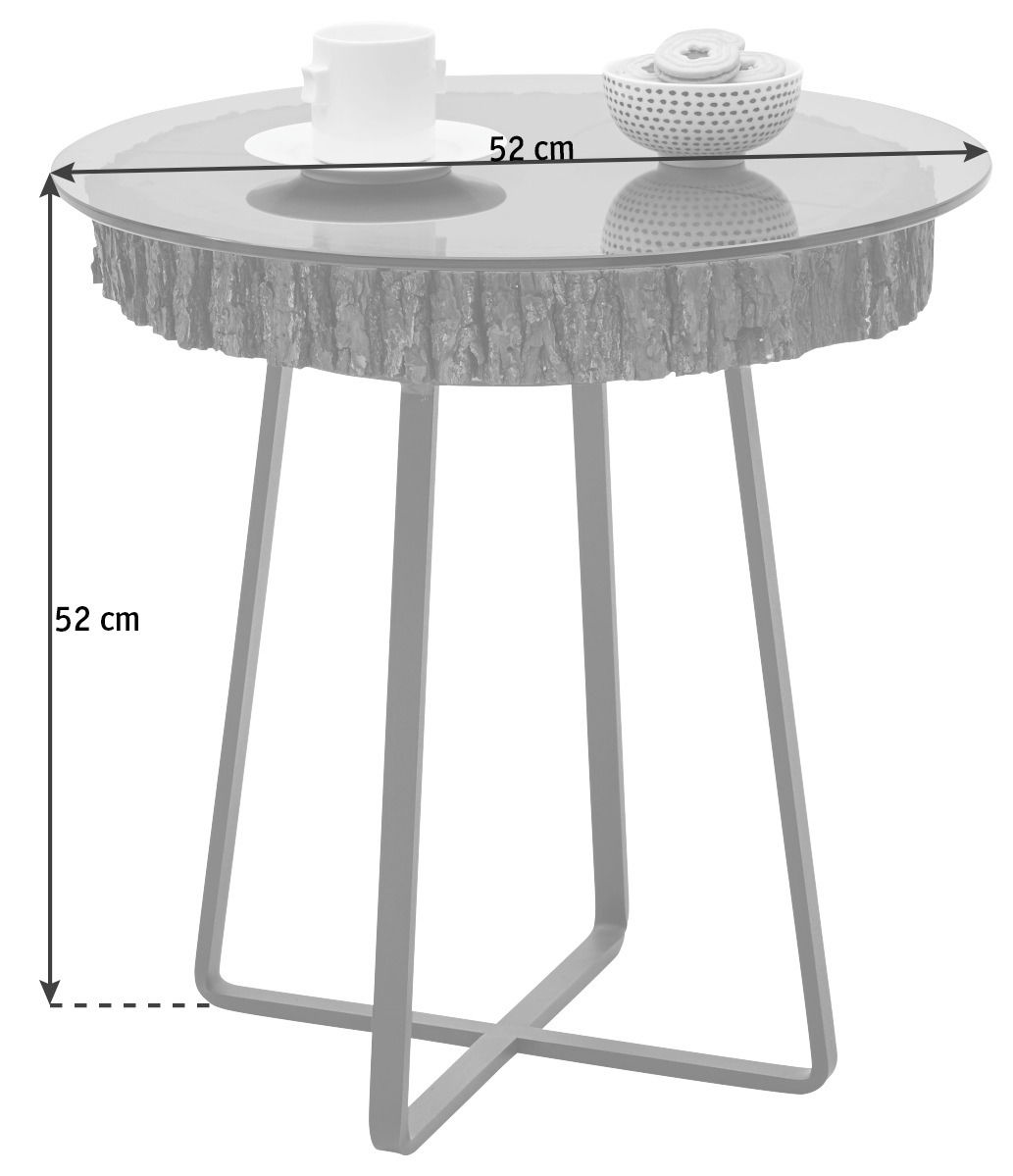 Runder Beistelltisch mit Glasplatte und Baumstamm-Optik, seitliche Perspektive